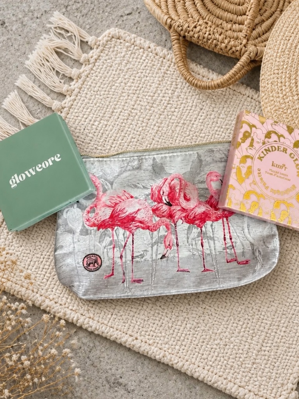 Flamingo Print Cosmetic Pouch - Pink on Silver with Eye/HL palettes